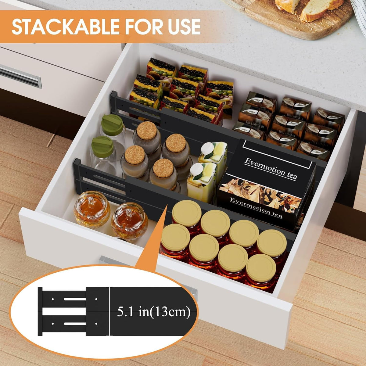 Expandable Bamboo Drawer Dividers, 17 to 22 Inches, 2.5 Inch High, 4 Pack - Image 5