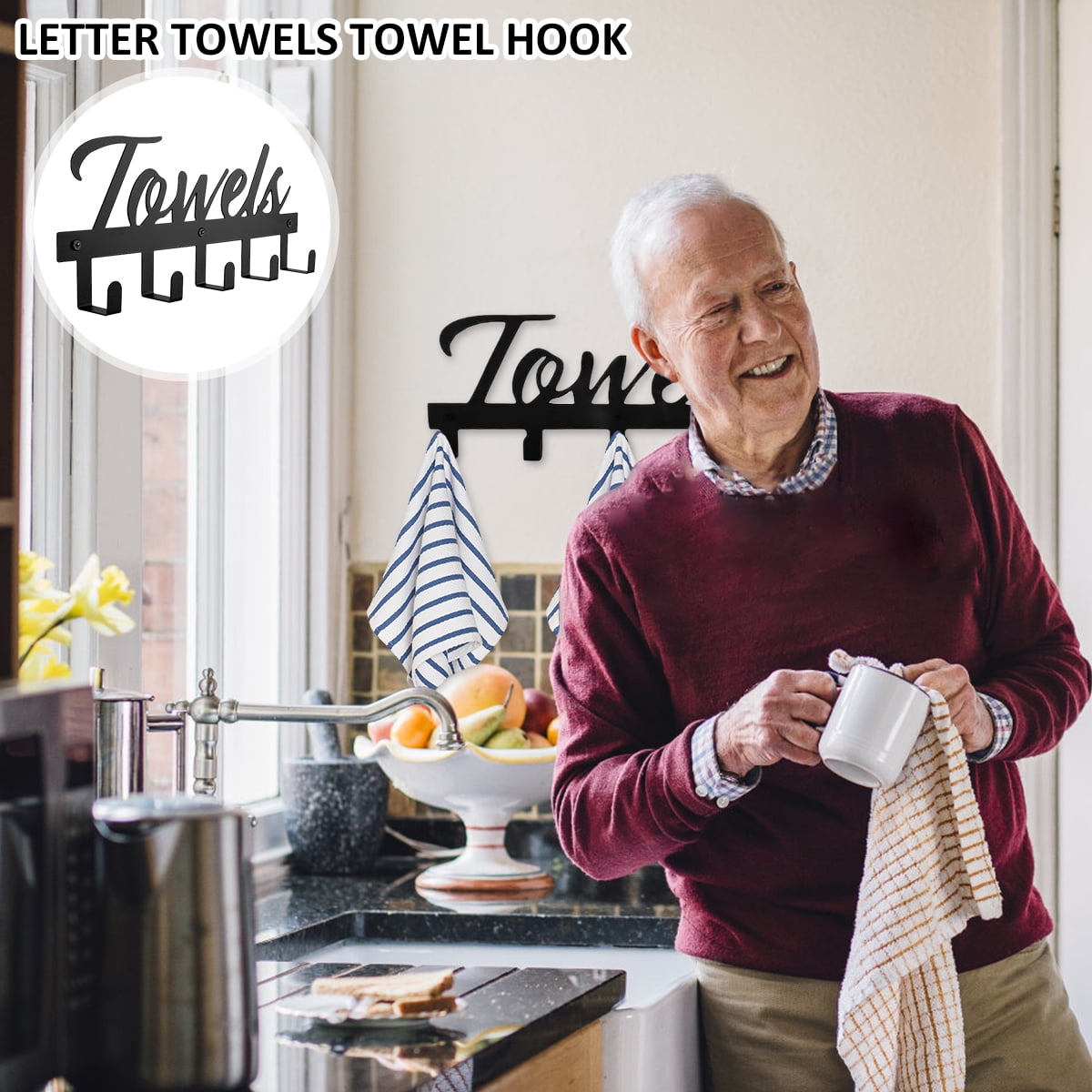 Wall-Mounted Towel Rack with 5 Hooks, Black Metal, Farmhouse Lettering - Image 4
